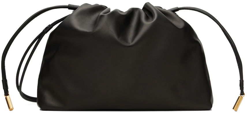 Black Leather Drawstring Pouch Bag