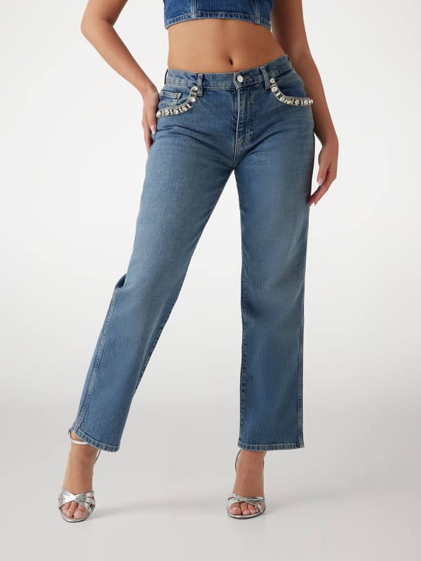 Džínsy GUESS Straight Denim Pant With Rhinestone Detail Modrá | W5RA1ND5ACC, 0