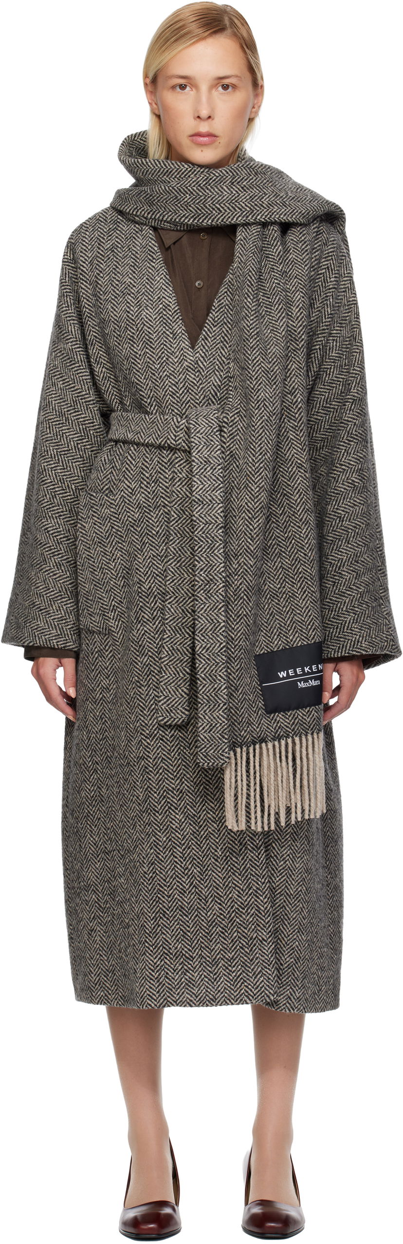 Kabáty Max Mara Weekend Zenica Herringbone Belted Coat with Scarf Šedá | 2525016042600