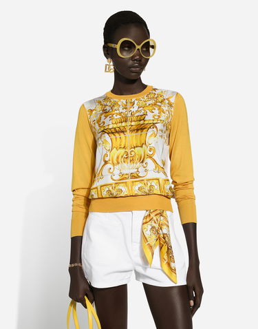 Sveter Dolce & Gabbana Silk Sweater With Majolica-print Silk Twill Panel Žltá | FXX31TJBSJFHG3TN, 3