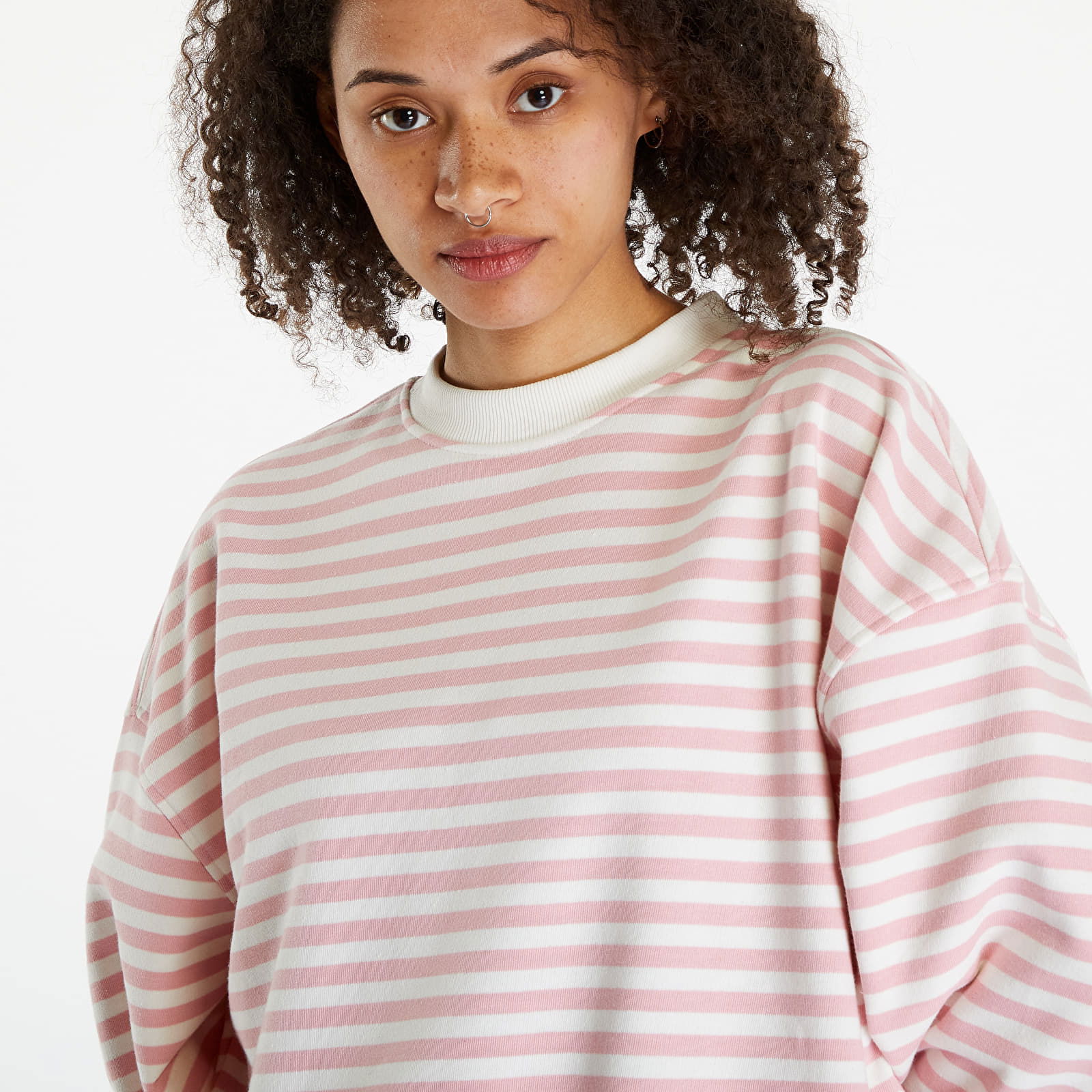 Ladies Oversized Striped Crewneck Lemonade Pink/ White Sand