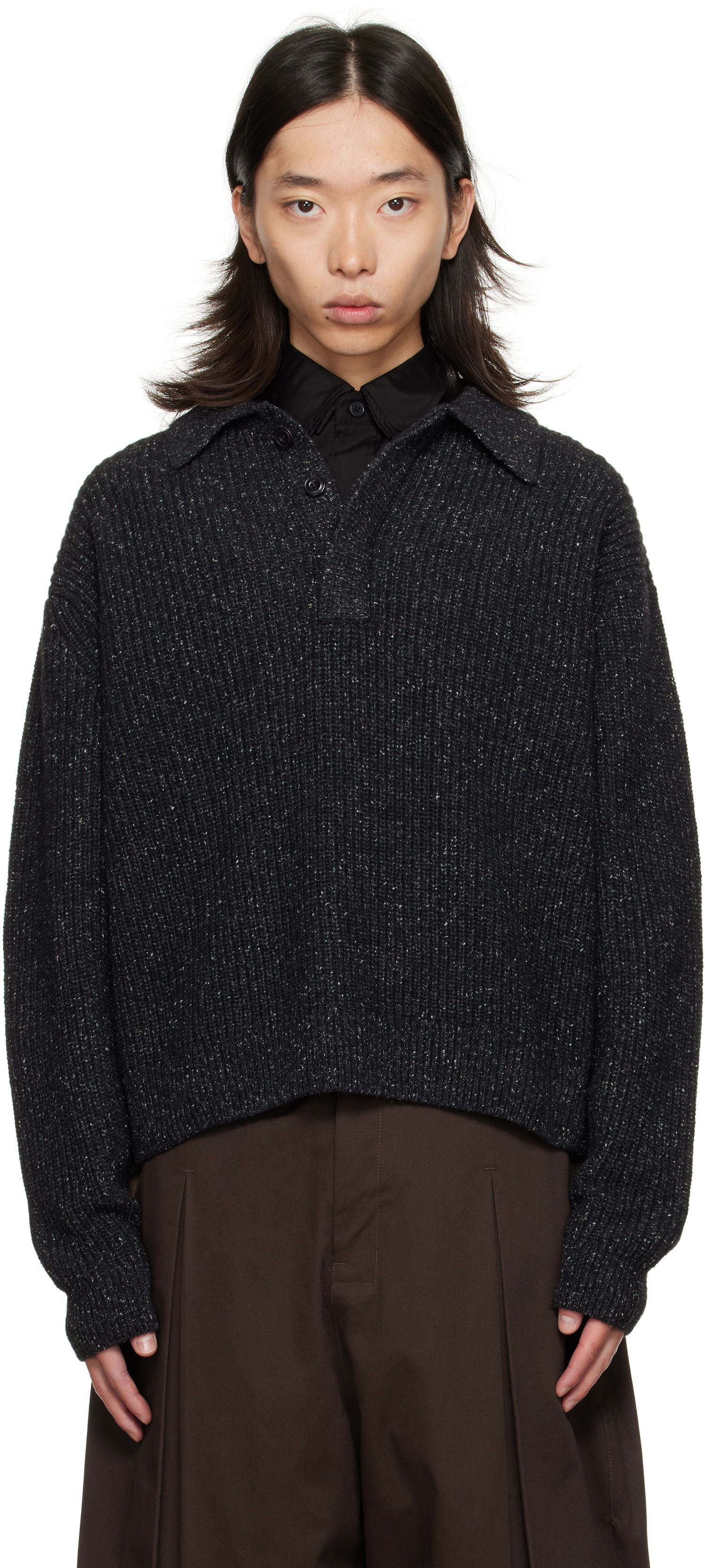 Sveter sage NATION SAGE NATION Knit Polo Sweater Čierna | S098 POLO WOOL SPECKLED CHARCO, 0