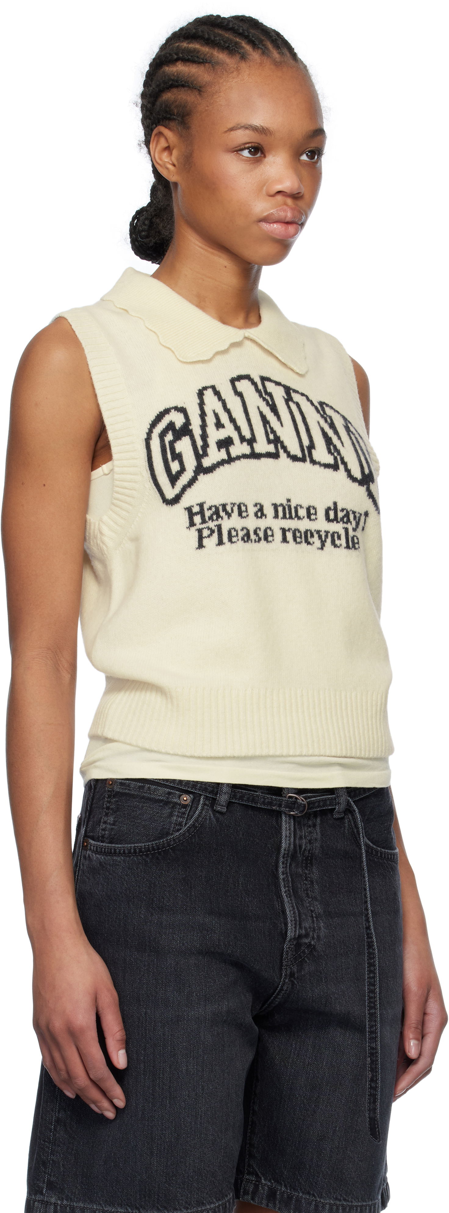 Vesta GANNI Graphic Wool Mix Collar Vest Biela | K2463, 1