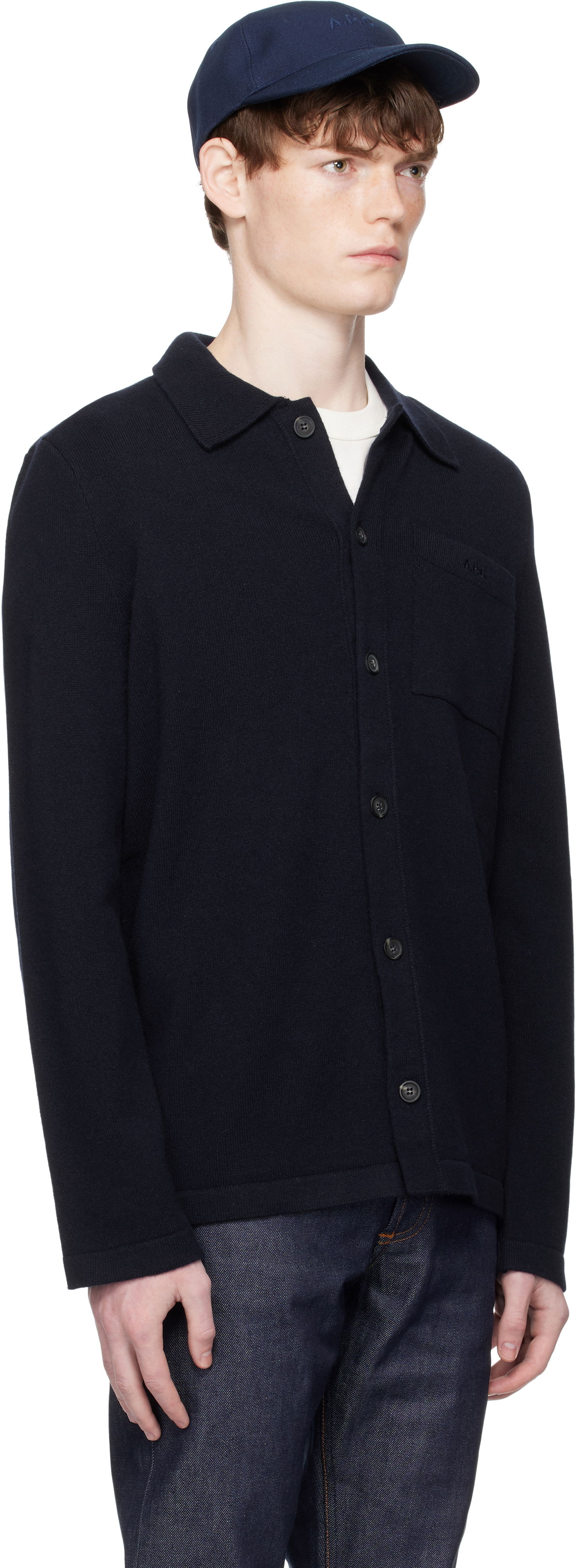 Sveter A.P.C. Matti Collared Button-Front Knit Cardigan with Chest Pocket Navy | WOASB-M03237, 1