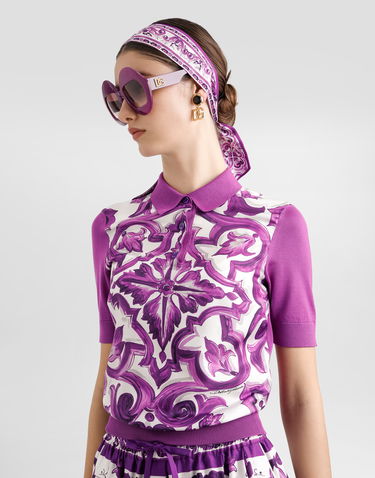Polo tričko Dolce & Gabbana Dolce & Gabbana Women's Majolica Print Silk Polo Shirt Fialová | FXZ28TJBSJFI13TN, 3