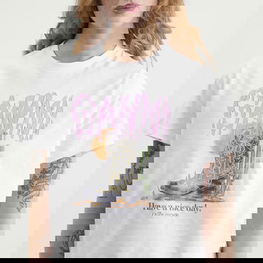 Tričko GANNI Cowboy Boot and Cactus Graphic T-Shirt Biela | A1050075-151, 5