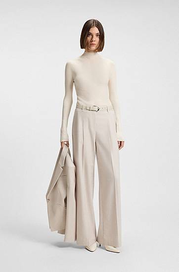 Sveter BOSS Mock-neck sweater in merino wool with mixed ribbing Béžová | 50549166, 1