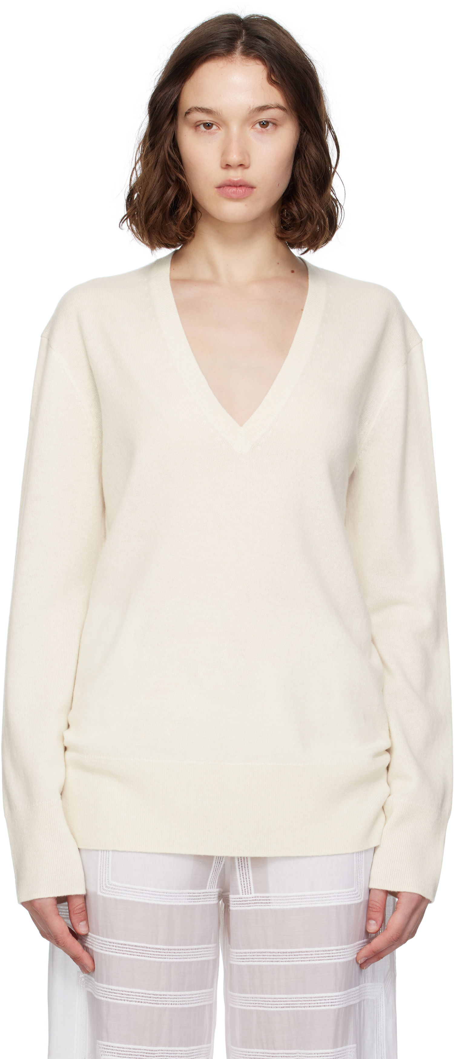 Sveter TOTEME TOTEME Cashmere V-Neck Knit Sweater Biela | 252-WRT0521-YA0016, 0