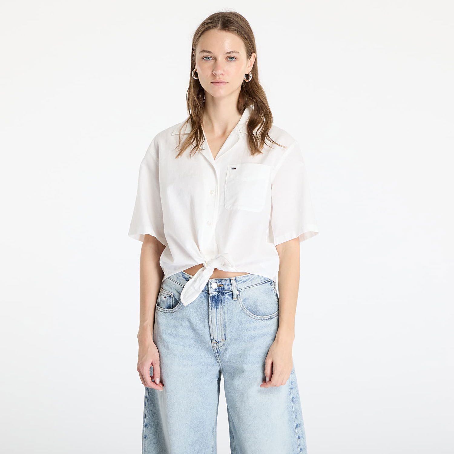 Košeľa Tommy Hilfiger Tommy Jeans Women's Cropped Linen Short Sleeve Shirt Biela | DW0DW20286 YBL, 0