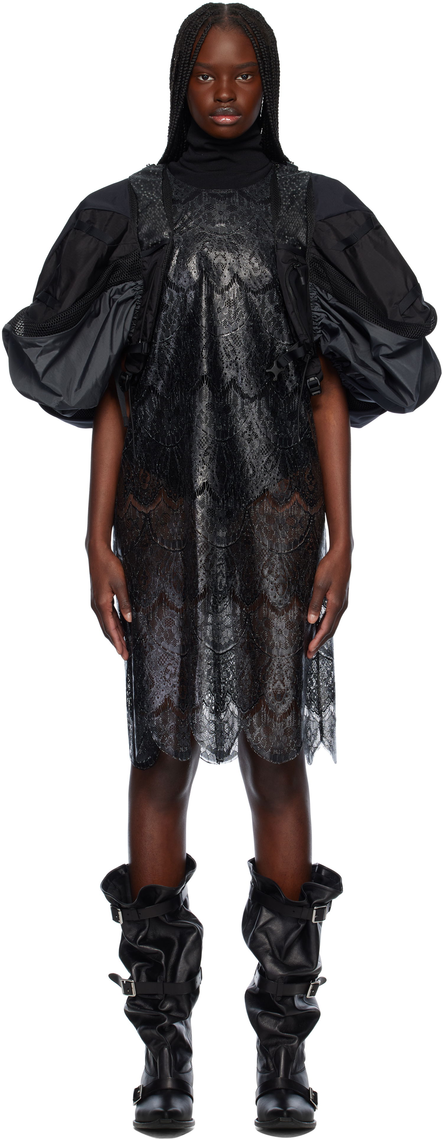 Šaty Junya Watanabe Junya Watanabe Scalloped Lace & Nylon Ripstop Midi Dress Čierna | JO-O023-051-1, 0