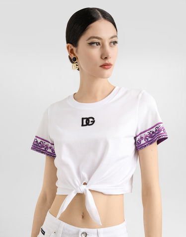 Crop Top Dolce & Gabbana Dolce & Gabbana Majolica Print Tie-Front Cropped T-Shirt Biela | F8V54ZII7IGI03TN, 3