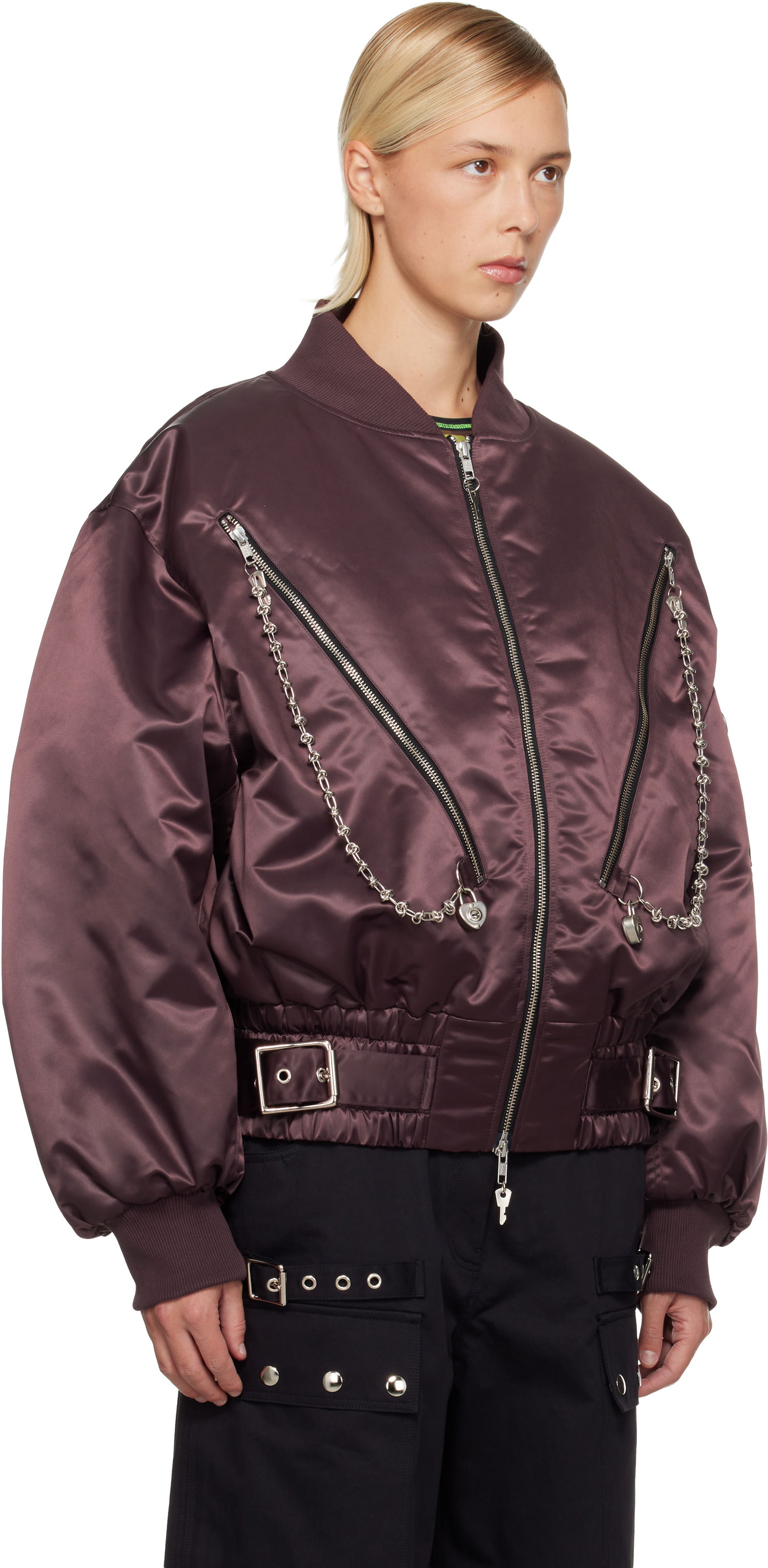 Bomber bunda Chopova Lowena Helter Satin Bomber Jacket with Chain-Link and Zip Details Fialová | 5326, 1