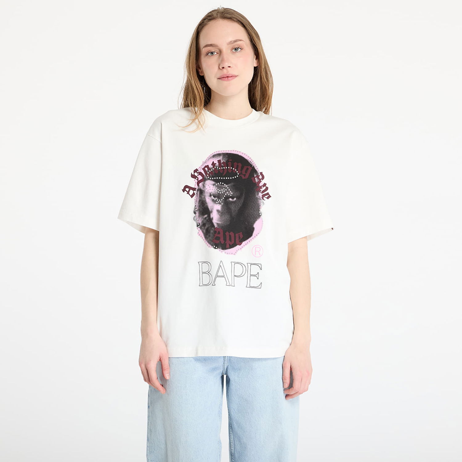 Tričko BAPE A BATHING APE Garment Dye Rhinestone Ape Head Relaxed Fit T-Shirt Biela | 001CSL301309MIVY, 0