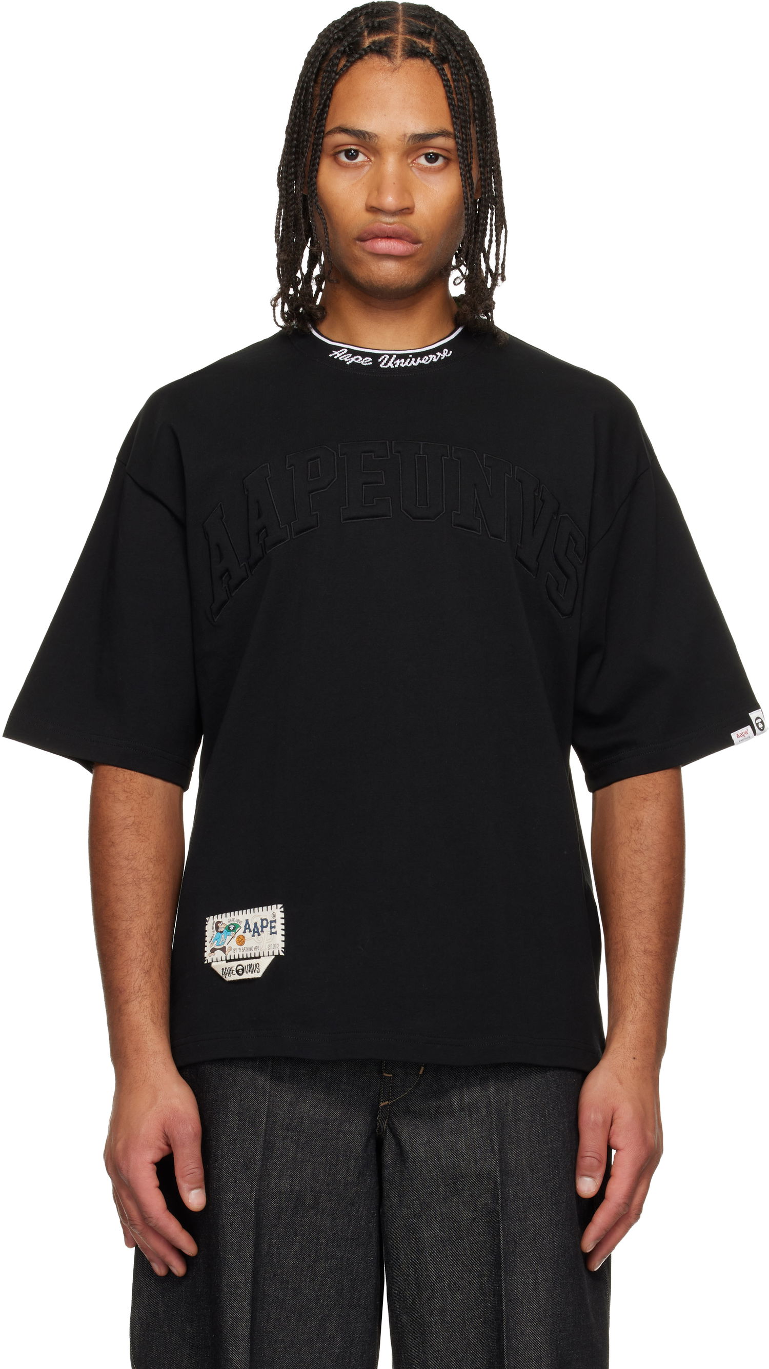 Tričko AAPE by A Bathing Ape Oversized Crewneck T-shirt with AAPEUNVS and Aape Universe Embroidery Čierna | AAPTEM1659XXNBKX, 0