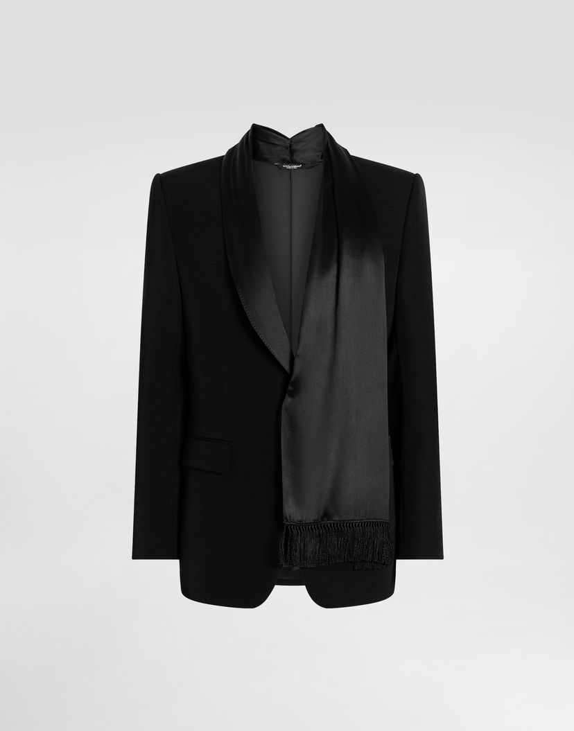 Bunda Dolce & Gabbana Dolce & Gabbana Single-Breasted Wool Gabardine Jacket with Silk Scarf Čierna | G2VP3TFU21EN0000