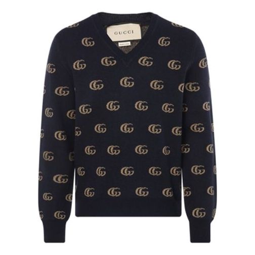 Sveter Gucci Jacquard Wool V-Neck Sweater Navy | 645292-XKBPF-4804
