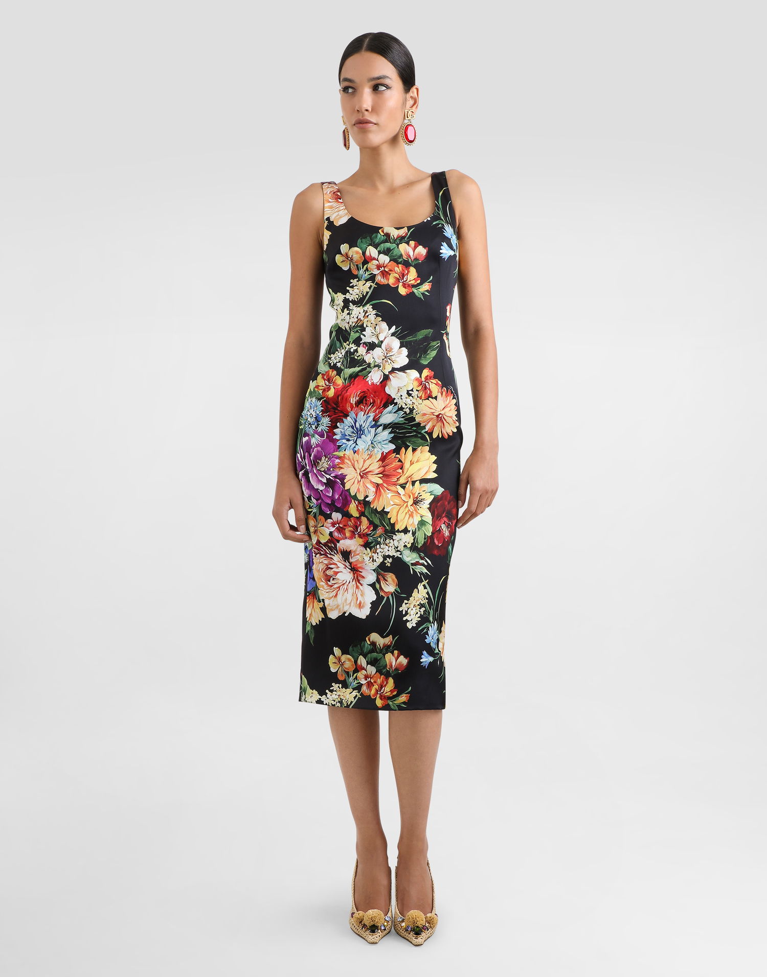Šaty Dolce & Gabbana Dolce & Gabbana Flower-Print Satin Sheath Dress Čierna | F6EAWTFSIB3HN5PC, 1