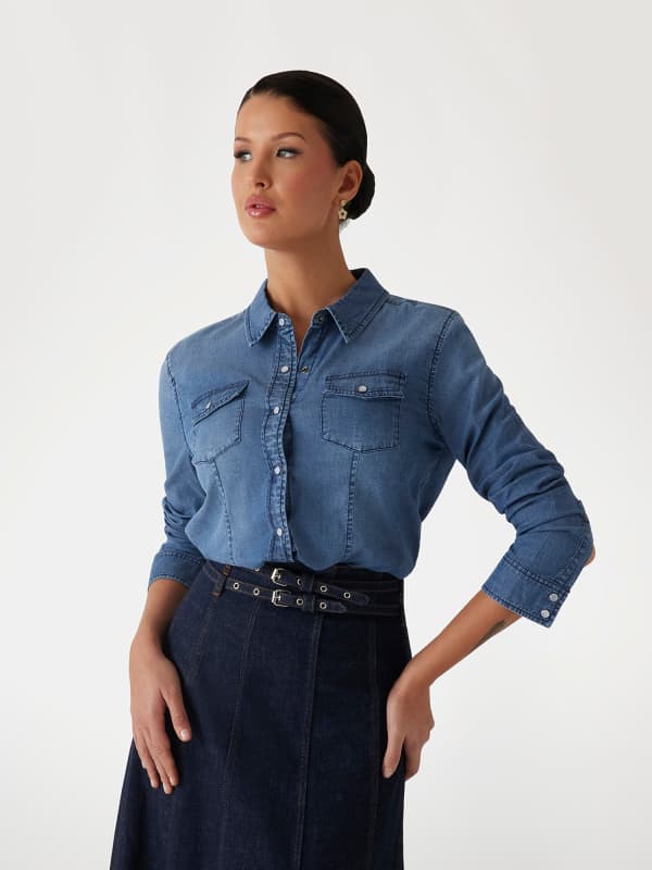 Košeľa GUESS Button-Up Denim Shirt Modrá | W5RH0HD4NA0, 0
