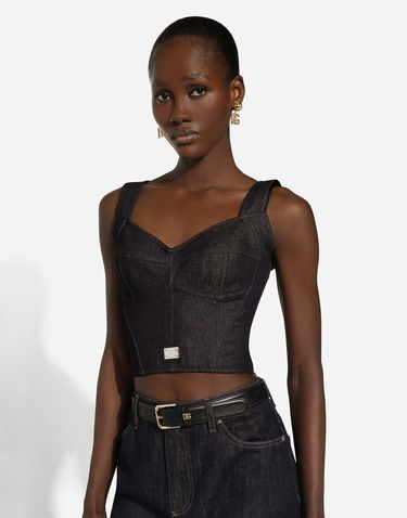 Crop Top Dolce & Gabbana Cotton Denim Corset Top Modrá | F7W98DG8LT2S9001, 3