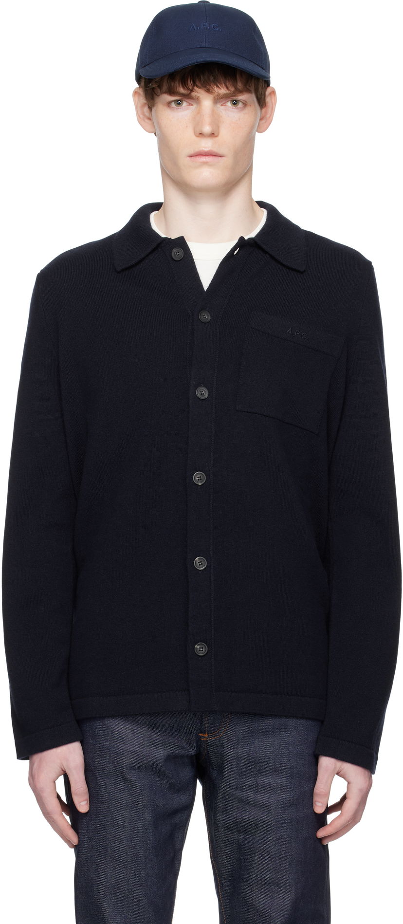 Sveter A.P.C. Matti Collared Button-Front Knit Cardigan with Chest Pocket Navy | WOASB-M03237