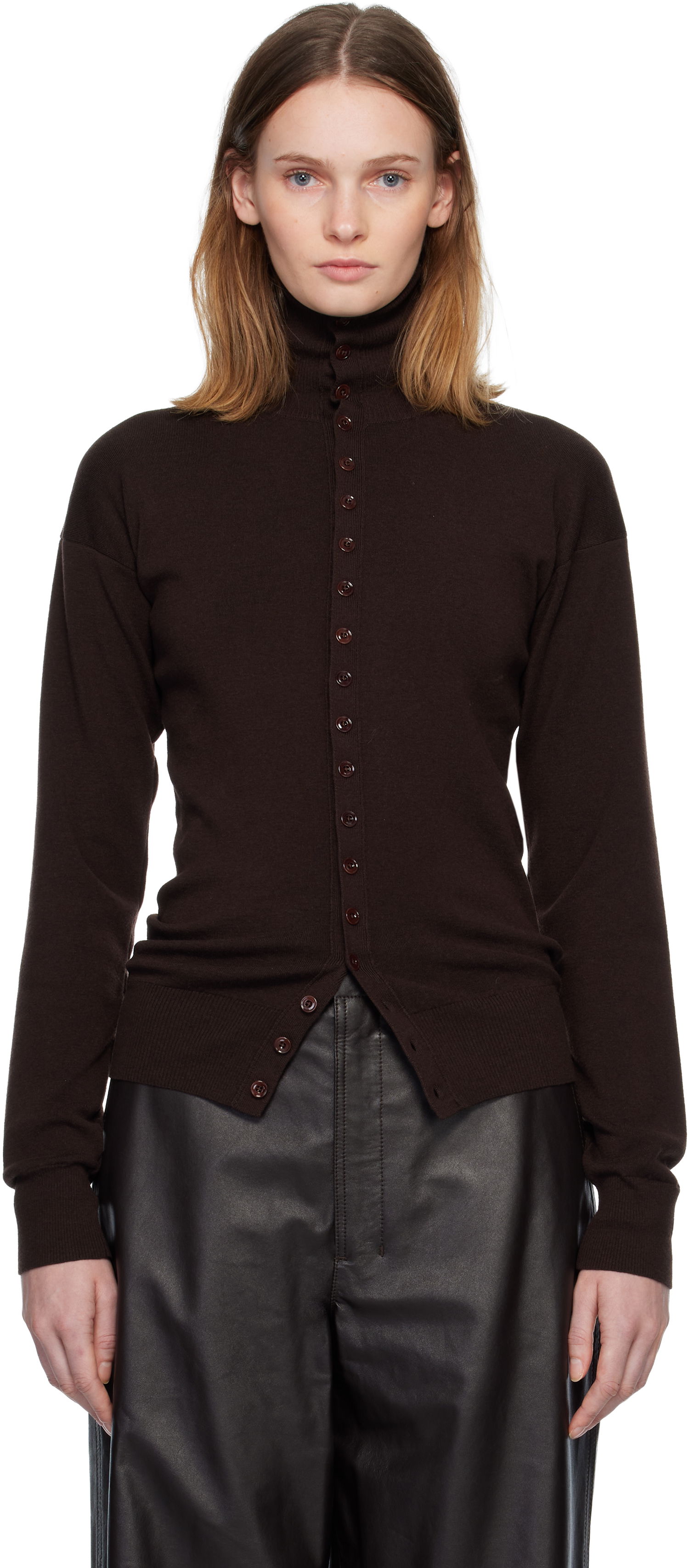 Sveter LEMAIRE Long-Sleeve High-Neck Buttoned Fitted Knit Cardigan Hnedá | TO1431 LK1045, 0