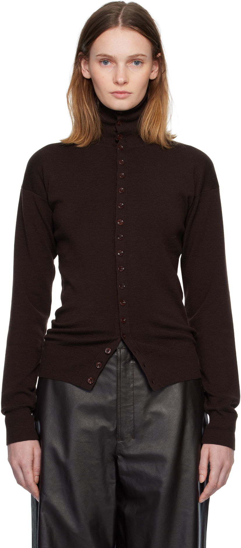 Sveter LEMAIRE Long-Sleeve High-Neck Buttoned Fitted Knit Cardigan Hnedá | TO1431 LK1045