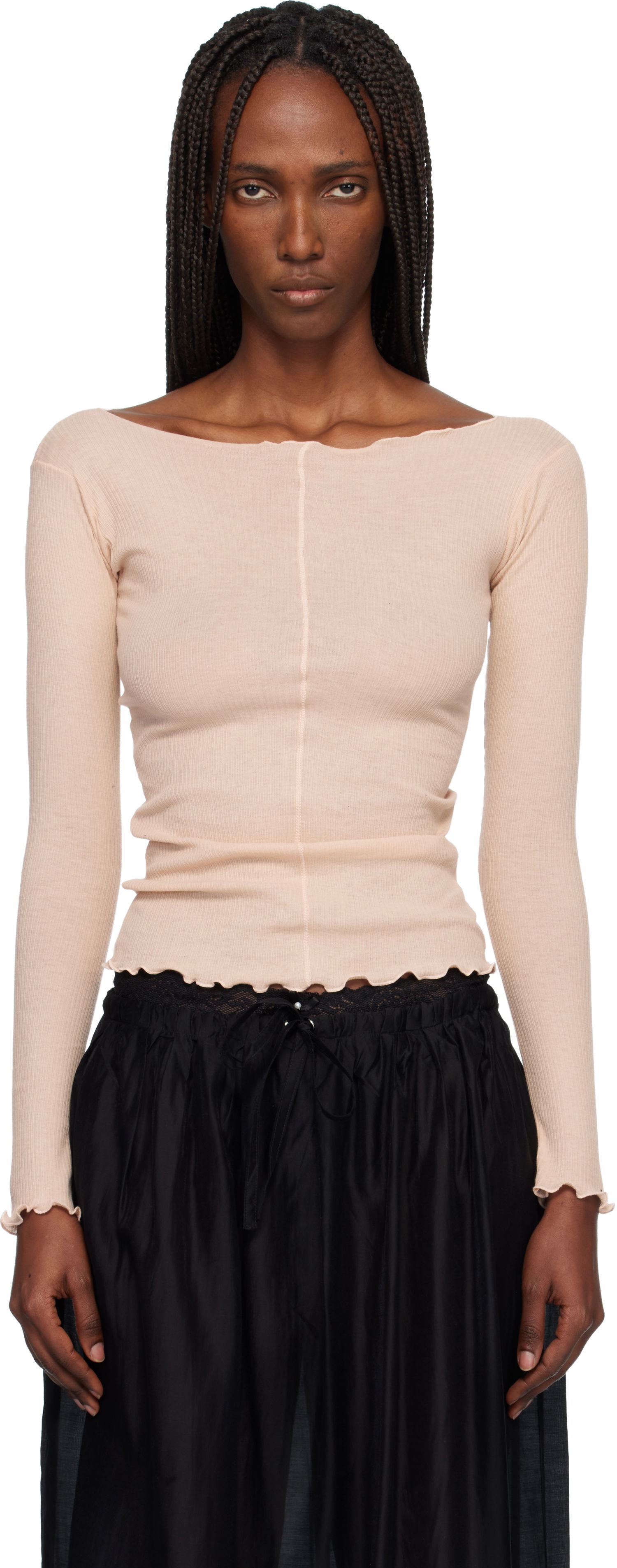 Tričko Baserange Pama Ribbed Lettuce Edge Exposed Seam Long Sleeve T-shirt Béžová | TTPAL-CR-WI25, 0