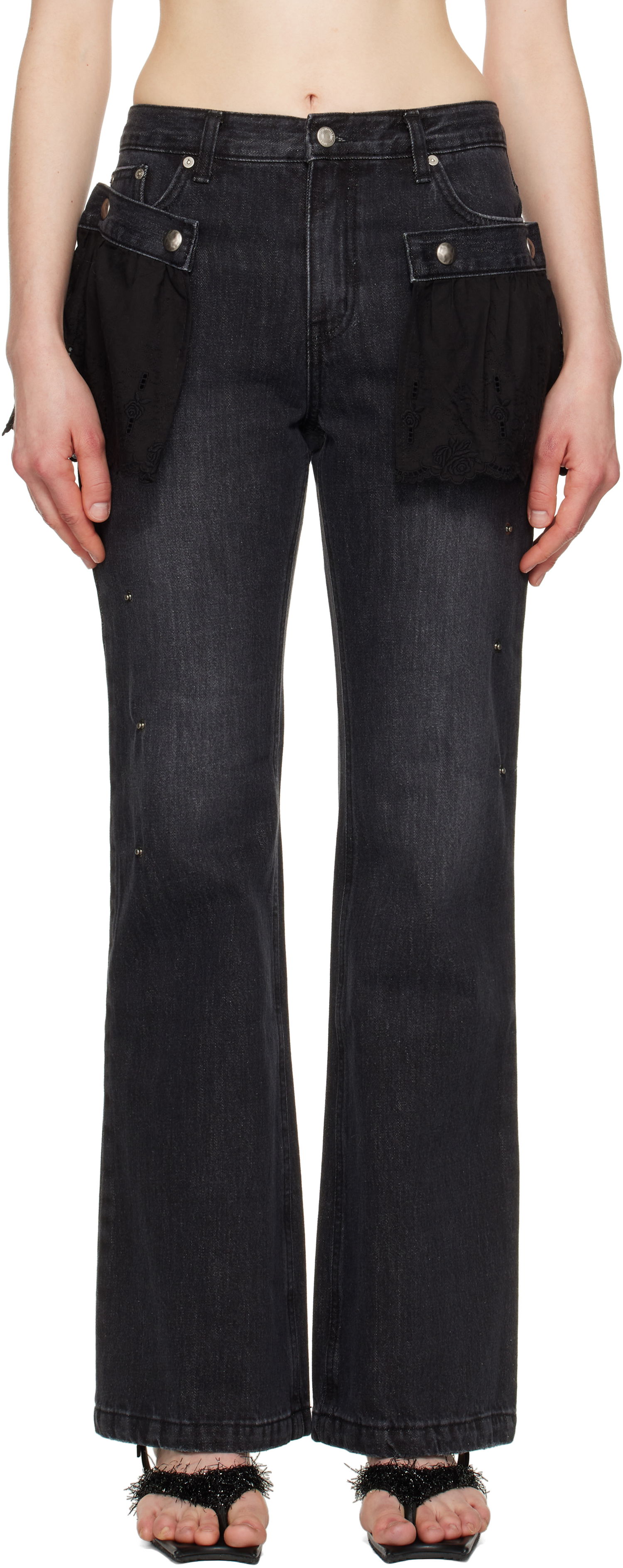 Džínsy Andersson Bell Andersson Bell Flower Lace Attached Bootcut Jeans Čierna | apa796w, 0