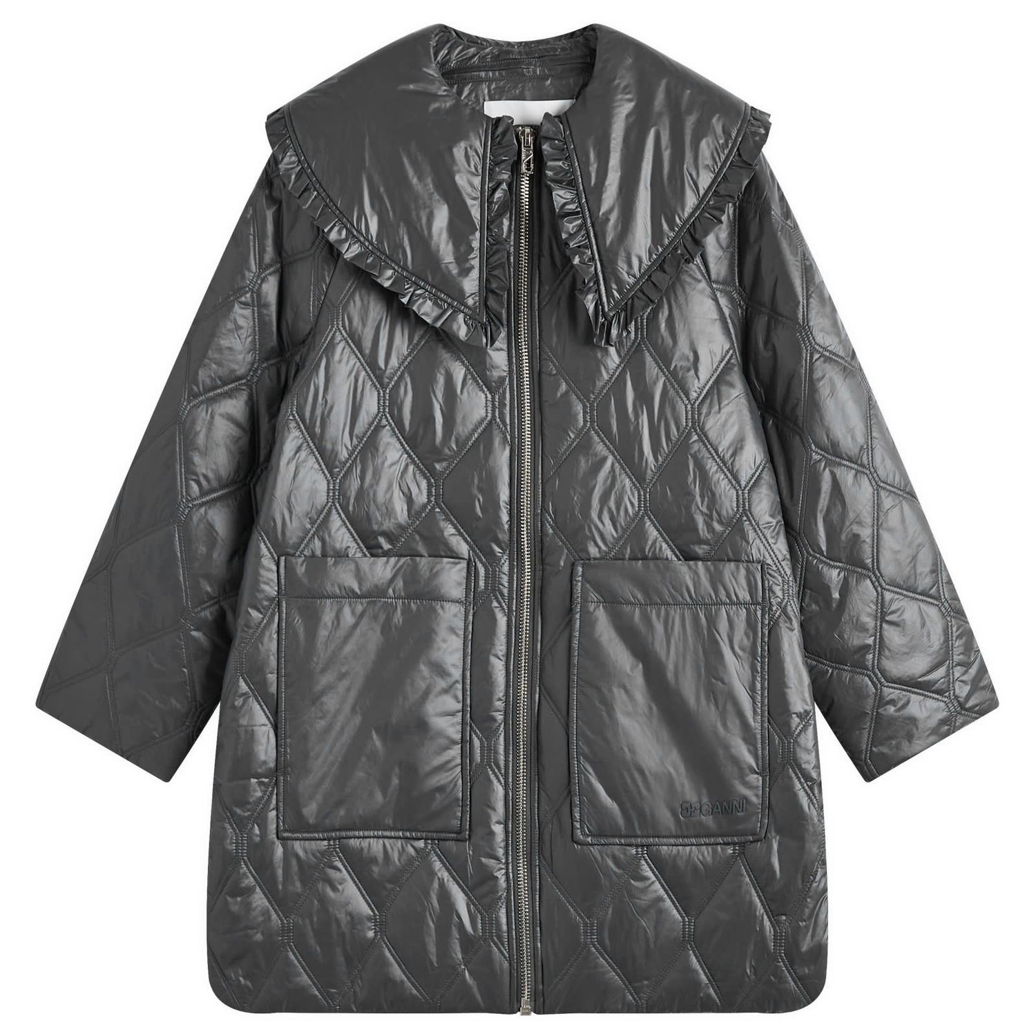 Prešívaná bunda GANNI Shiny Quilt Midi Jacket Šedá | W0170-052, 0