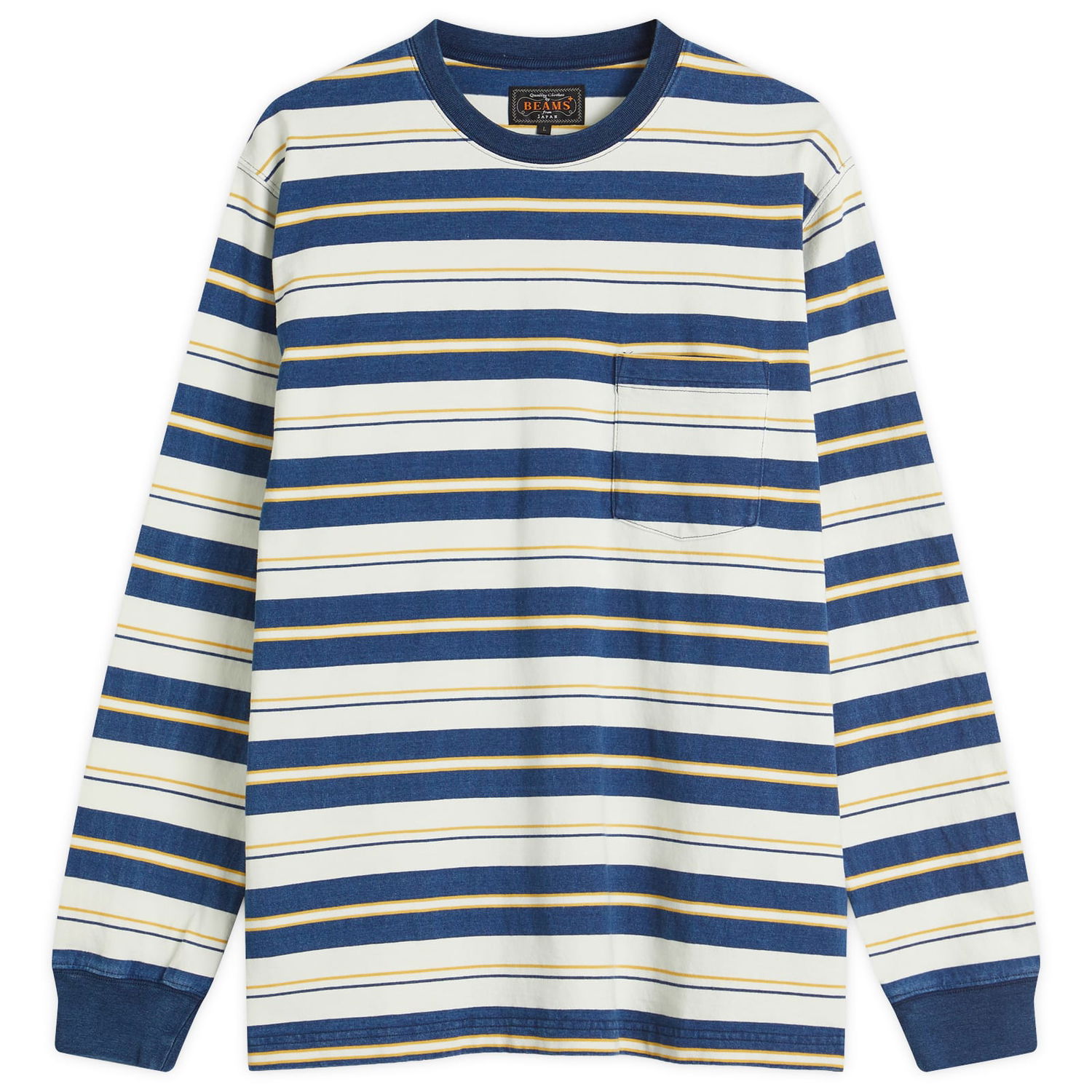 Tričko BEAMS Beams Plus Long Sleeve Striped Pocket Tee Modrá | 3814-0075-156-79, 0