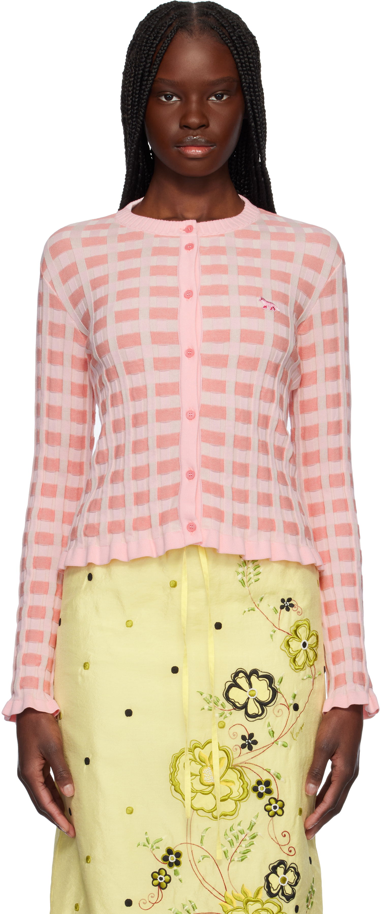 Sveter MAISON KITSUNÉ Maison Kitsuné Checked Ribbed Knit Cardigan Ružová | OW00503KT1120, 0