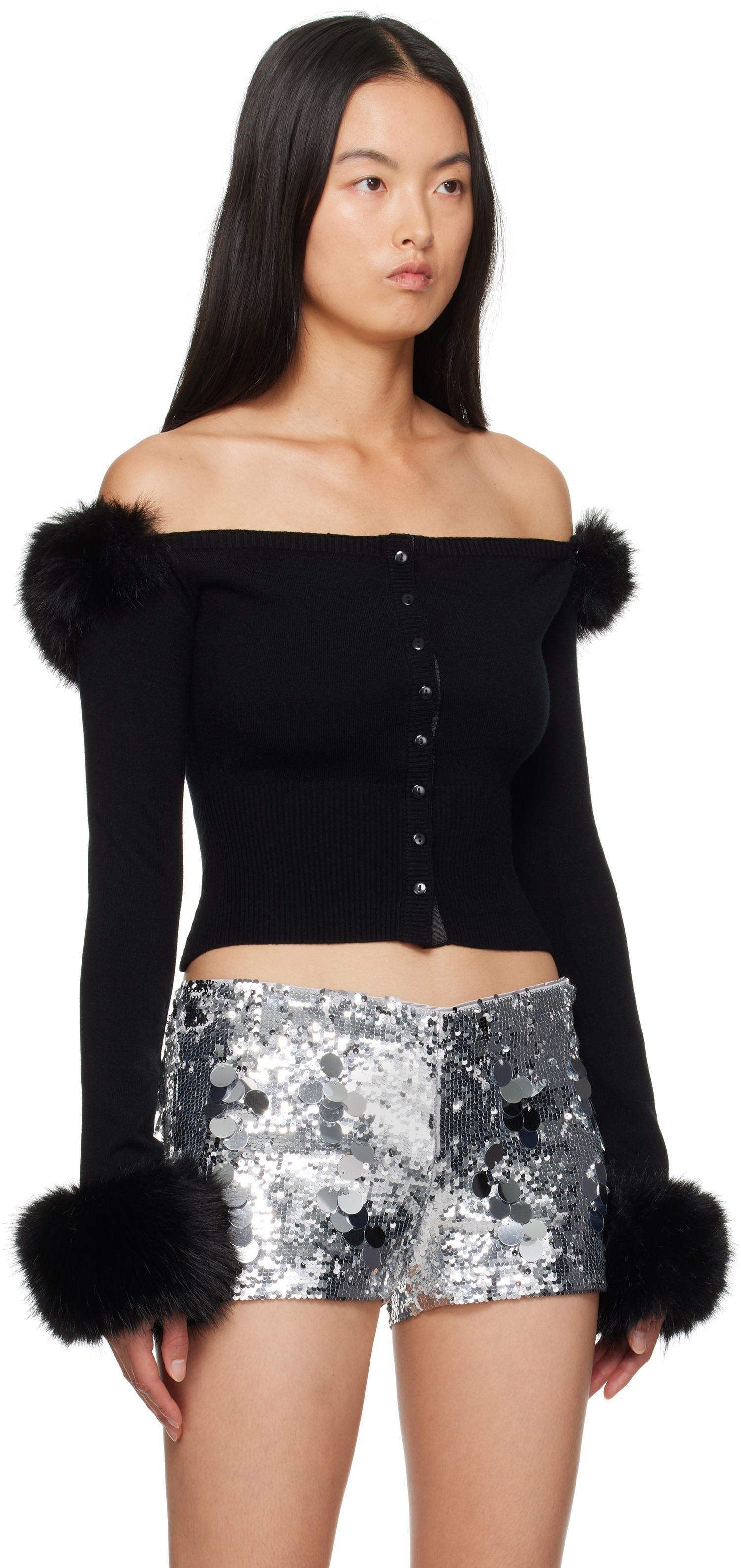 Sveter GUIZIO Guizio Off-The-Shoulder Faux Fur Cuffs Cardigan Čierna | F24111S047, 1