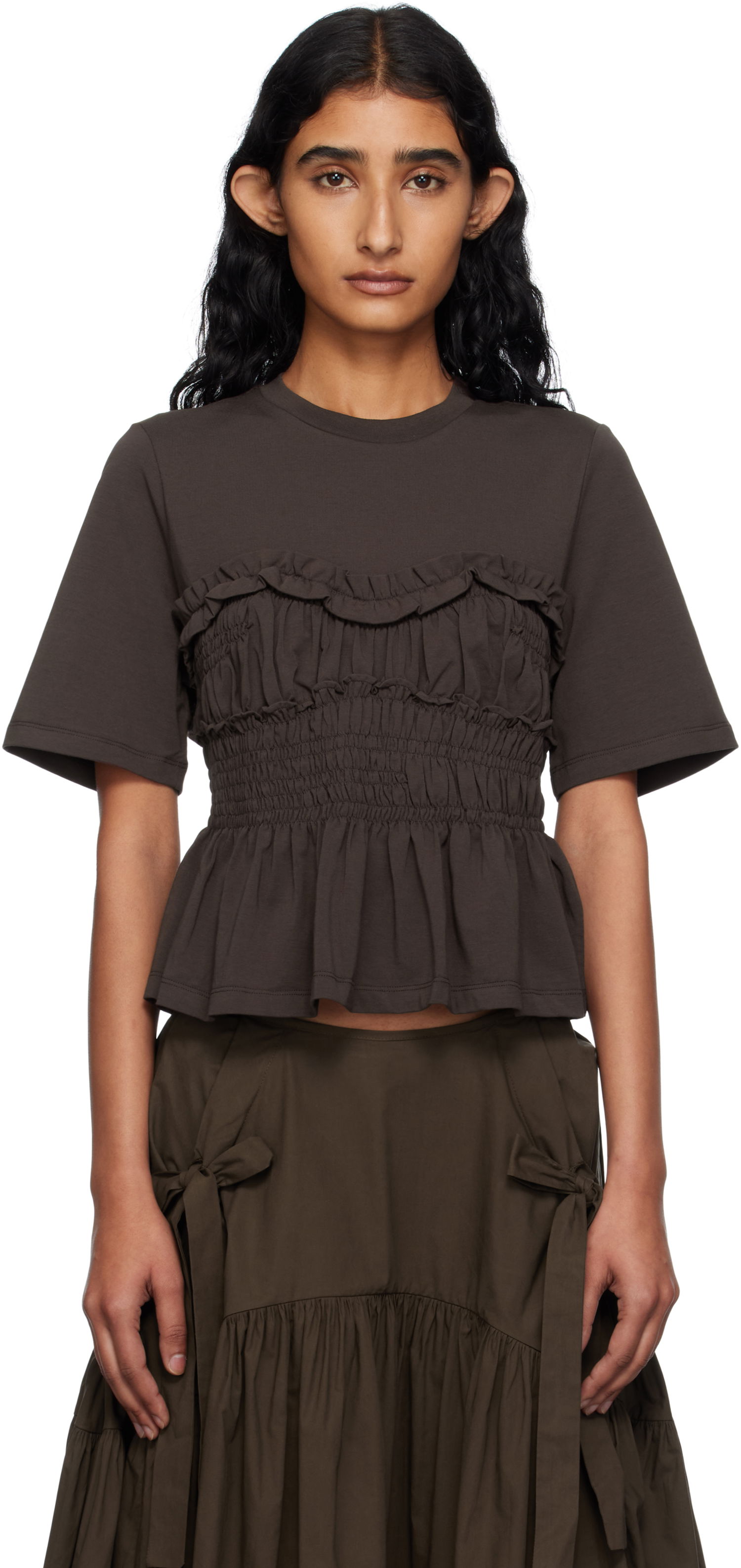 Tričko Cecilie Bahnsen Vilde Ruffled Shirred Peplum T-shirt Hnedá | 2.25RTW19004 VILDE T-SHIRT, 0