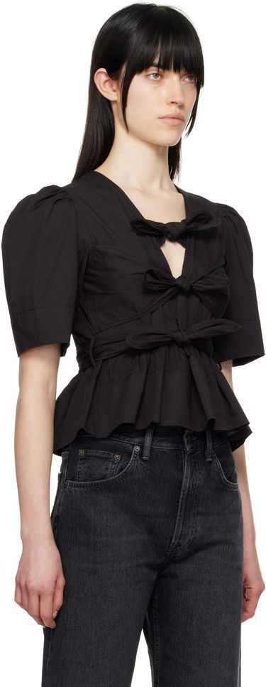 Crop Top GANNI Ganni Tie Strap Stretch Cotton Peplum Blouse Čierna | W0378, 1