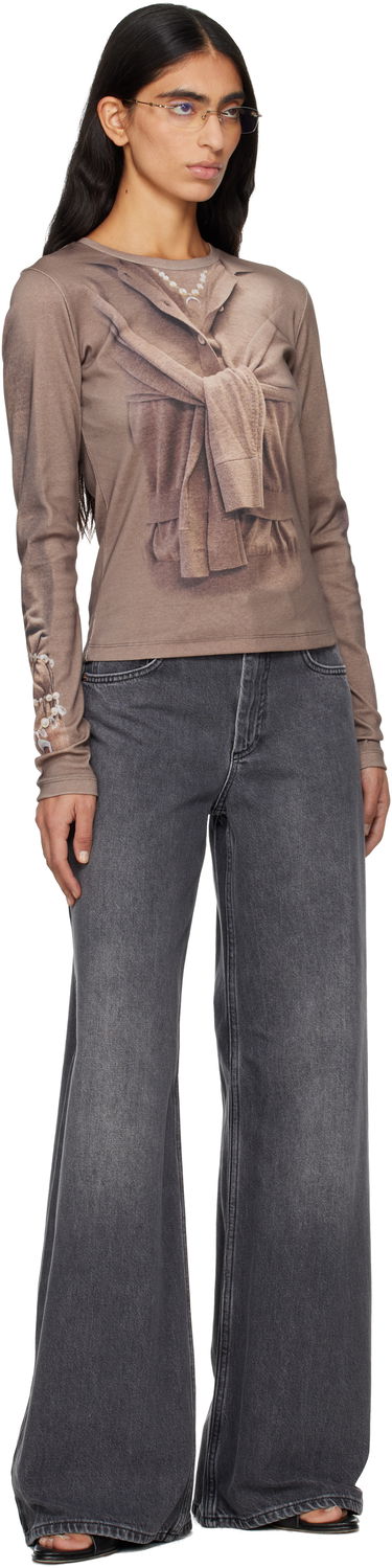 Tričko Marine Serre Trompe-L'Oeil Cardigan Print Knit Jersey Long Sleeve T-Shirt Béžová | WTT032ACJER0091, 3