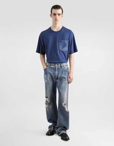 Tričko Dolce & Gabbana Dolce & Gabbana Cotton T-Shirt with Denim Pocket and DG Logo Modrá | G8PN9ZG7O4JB1823, 1