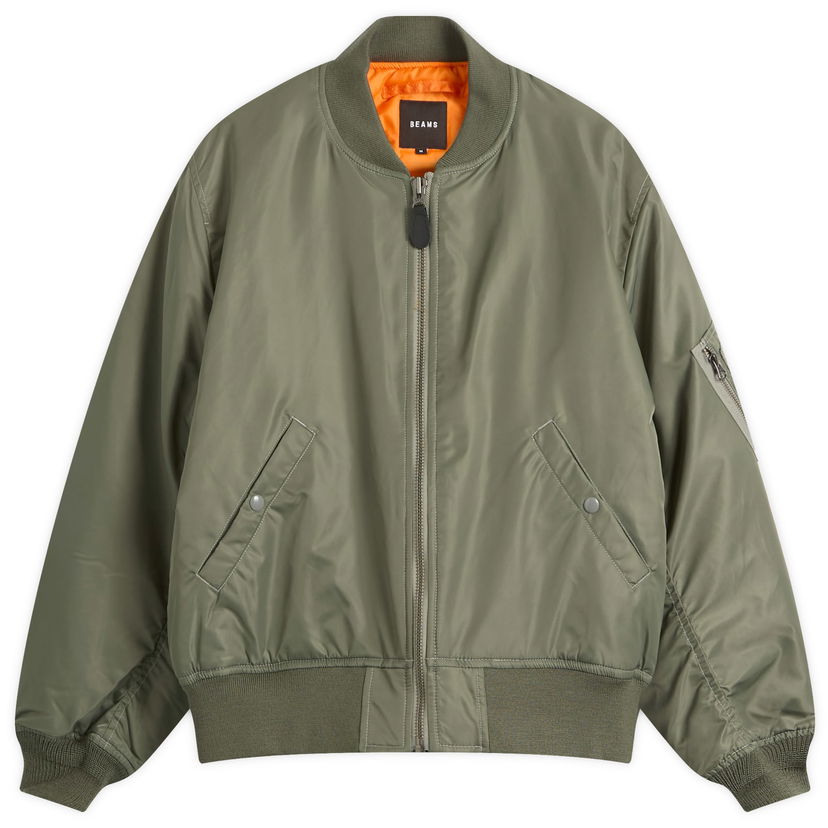 Bomber bunda BEAMS MA1 Bomber Jacket with Ribbed Trims, Zip Closure, Snap Pockets, and Orange Lining Zelené | 1118-5607-139-67