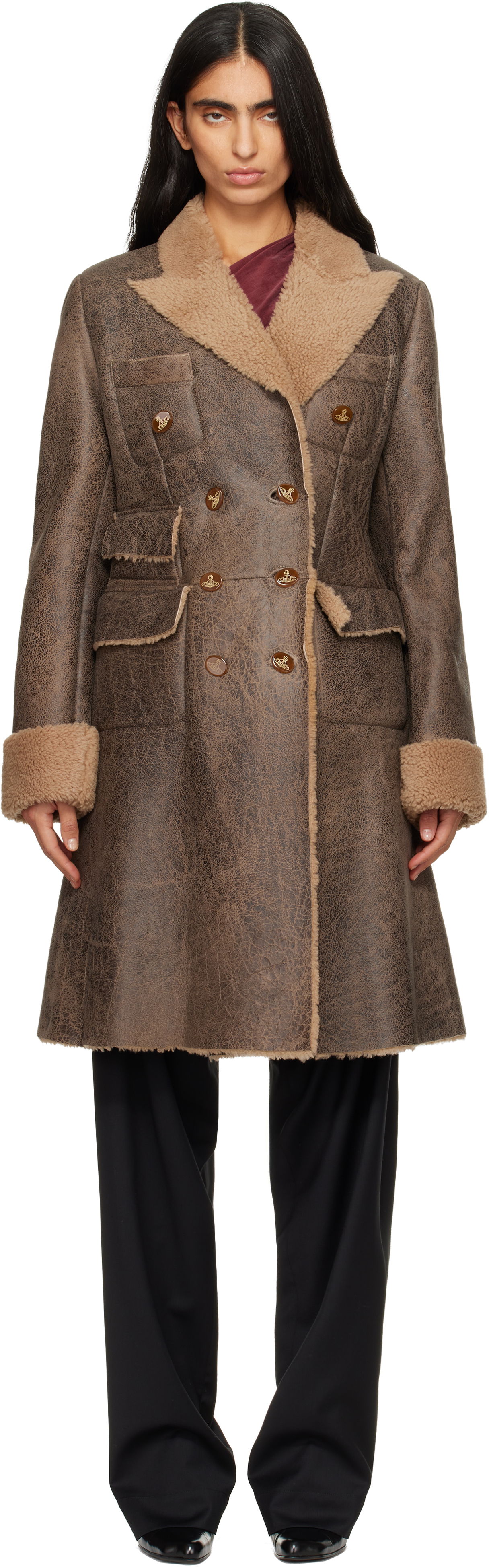 Kabáty Vivienne Westwood Waisted Double-breasted Shearling Coat Hnedá | 1D01000H-L00CR-, 0