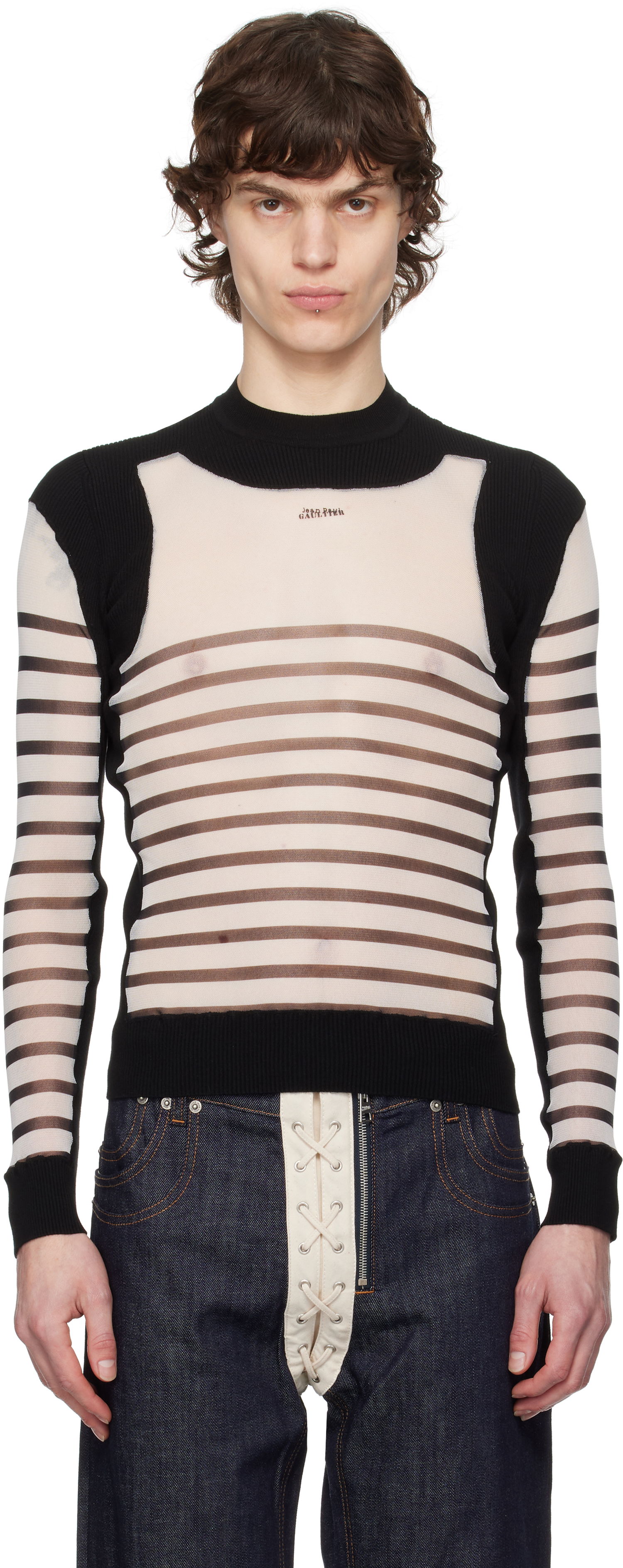 Sveter Jean Paul Gaultier Jean Paul Gaultier Bi-Material Marinière Striped Sweater Čierna | 25/33-F-PL069-T574-0100, 0