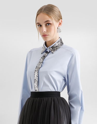 Košeľa Dolce & Gabbana Dolce & Gabbana Cotton Poplin Shirt with Sequins Modrá | F5T37TFUEAJB0075, 3