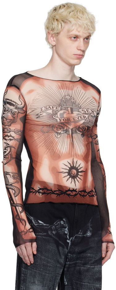 Tričko Jean Paul Gaultier Jean Paul Gaultier Tattoo Print Mesh Long Sleeve T-Shirt Hnedá | 23/15-U-TO118-T538-636000, 3