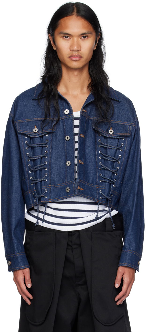 Bunda Jean Paul Gaultier Jean Paul Gaultier Lace-Up Cropped Denim Jacket Modrá | 24/30-F-VE067-D015-55
