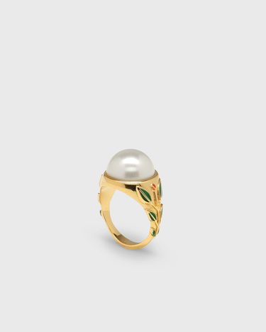 Prsteň Casablanca Pearl Gold-Tone Ring with Enamel Leaves Metalická | APF25-JW-088-01, 2