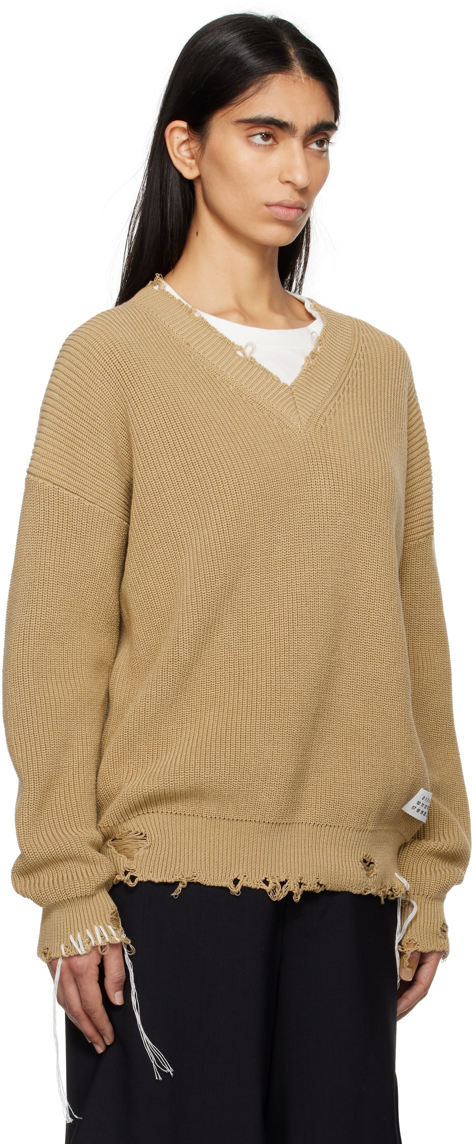 Sveter Maison Margiela MM6 Maison Margiela Eaten Knit V-Neck Sweater Béžová | SH0HN0001 M13089, 1