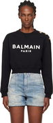 Printed 'Balmain Paris' Cropped Sweatshirt with Gold-Tone Shoulder Buttons