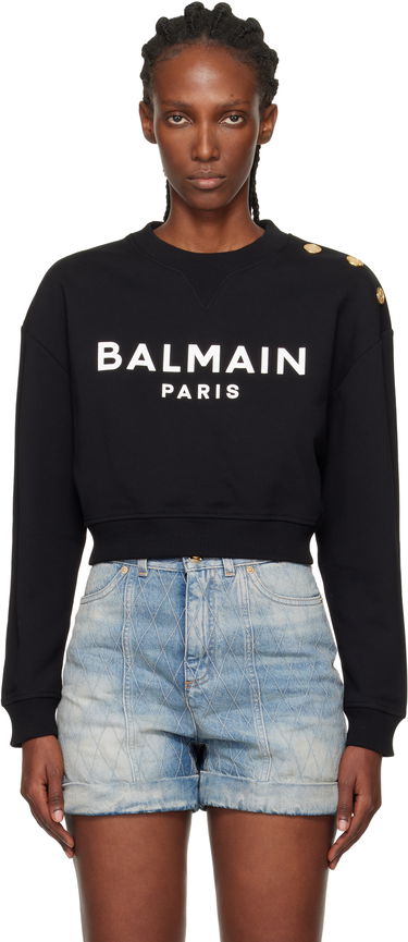 Mikina Balmain Printed 'Balmain Paris' Cropped Sweatshirt with Gold-Tone Shoulder Buttons Čierna | EF1JQ002BB02, 0