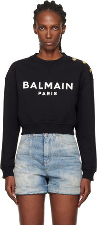 Printed 'Balmain Paris' Cropped Sweatshirt with Gold-Tone Shoulder Buttons