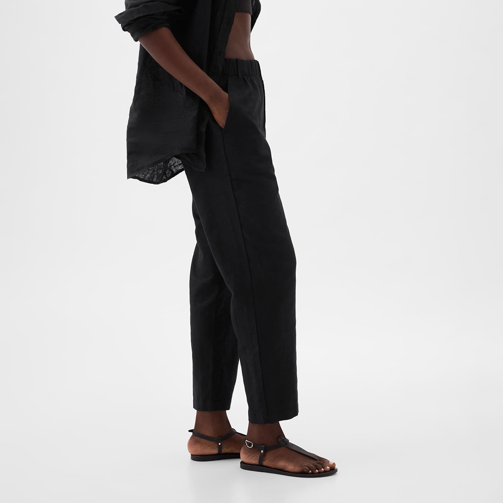 Linen Half E Waist Pull On Pants Black