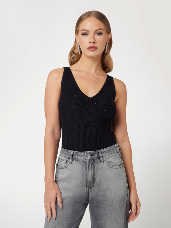 Tielko GUESS Knitted Tank Top with V-Neck Čierna | W5RR18Z34O0, 0