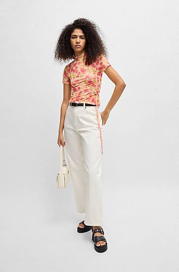 Crop Top BOSS Mesh Tie-Dye Top with Gathered Side Ružová | 50537187, 1